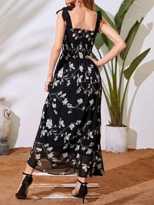 Vestido maxi con estampado floral, hombros con lazo y escote fruncido de gasa para mujer - Negro - Ver 2