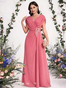 Vestido con flores 3D bordadas para novia, madre de la novia, moda de primavera y verano para fiesta, cita, vacaciones, boda, celebridad, con cintura elegante y falda amplia, para el Día de San Valentín - Rosa Fucsia - Ver 5