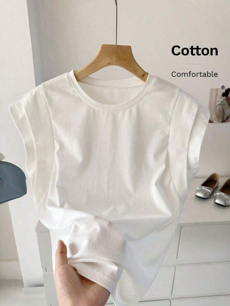 Camiseta de algodón casual de cuello redondo de doble capa con hombros anchos y sin mangas para mujeres, adecuada para uso casual diario, blanco para verano, parte superior de trabajo para verano - Blanco 4 - Ver 1