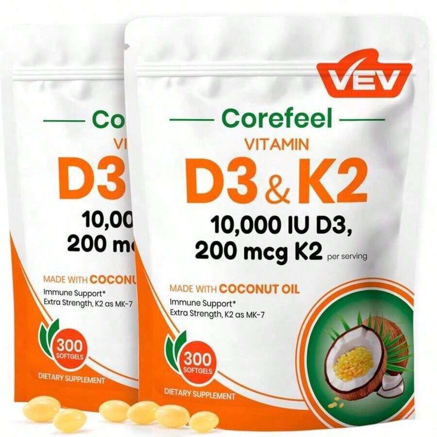 Vitamin D3 & K2 Softgels – 2-In-1 Supplement With Coconut Oil, 300 Softgels, Daily Capsules - 660G - 查看 1