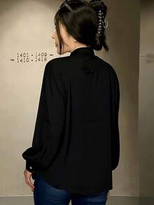 Black Long-Sleeved Shirt With A High Collar And Pleats, Elegant And Versatile Style - Hitam - View 2