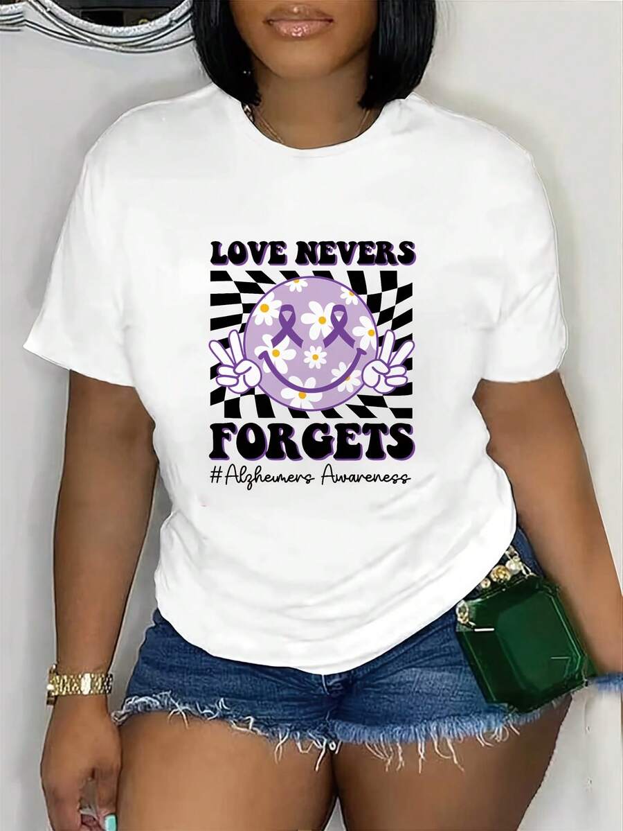 Plus Size - Women's Alzheimer's Awareness T-Shirt - "Love Never Forgets" Design With Purple Ribbon And Floral Embellishments, Casual Short-Sleeved Crew Neck T-Shirt, Machine Washable, Comfortable For All Seasons, Suitable For Summer And Year-Round Wear, Comfortable For Everyday Wear, Snug Fit, Durable Construction, Supportive Clothing, For Those Seeking Comfort. - 白色 - 查看 1