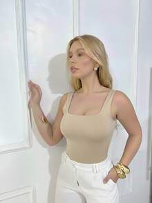 Women's Tank Top With Square Neckline At The Front And Back, Premium Suplex Fabric, Summer Style - BEGE - 查看 3