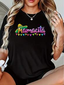 FashionNEW Women's Mexican Fiesta T-Shirt, 100% Cotton, Short Sleeve, Graphic Print, Summer Top, Vintage Urban Style, Unisex, Loose Fit, Crew Neck - 黑色 - 查看 8