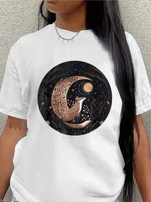 Lightweight And Durable Polyester Short-Sleeved T-Shirt With A Yin-Yang Moon Design, Suitable For Home, Cafes, Or Outdoor Leisure Occasions; Comfortable And Casual For Everyday Wear. Women's Blouses > Clothing - 白色 - 查看 7