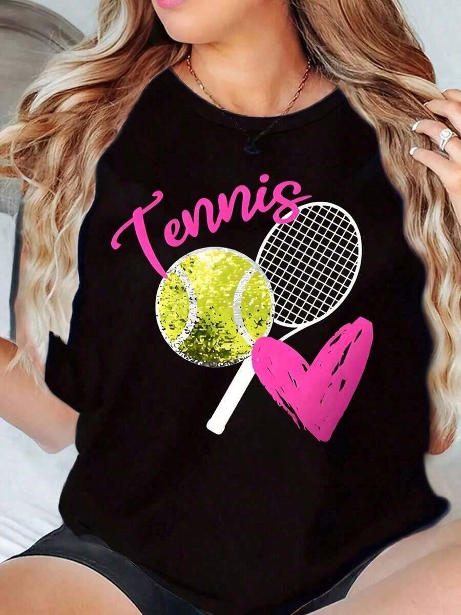 100% Cotton. Black Raglan T-Shirt With Tennis Racket, Ball, And Heart Print For Sports Enthusiasts. Soft. Women's Simple Solid Color T-Shirt, Loose And Slim Fit Casual Short Sleeve - 黑色 - 查看 1