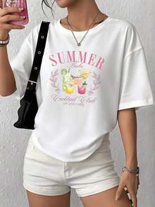 100% Cotton. Illustration Of Colorful Tropical Drinks Conveying Summer Freshness And The Joy Of Relaxed Leisure In The Sun. Women's 100% Soft And Comfortable Cotton T-Shirt. Women's Simple Solid Color T-Shirt, Loose And Slim Fit Casual Short Sleeve - 白色的 - 查看 12
