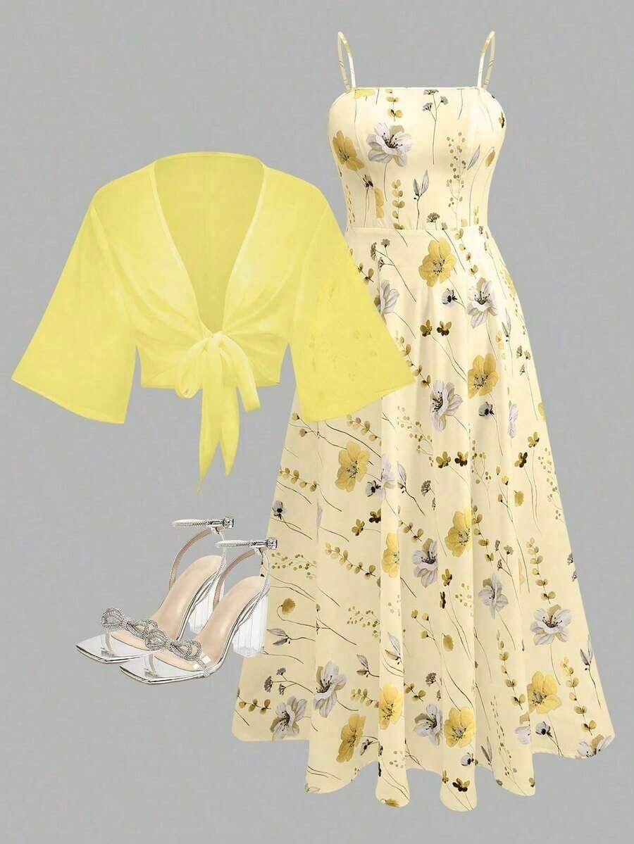 2 piezas Vestido de mujer de gasa con estampado floral y conjunto elegante y romántico para cita en verano y primavera - Multicolor 10 - Ver 1