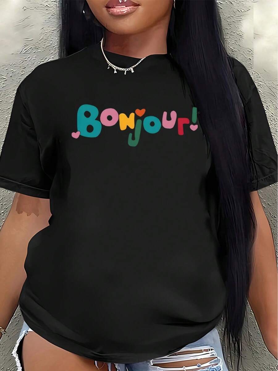 This Lightweight And Durable Short-Sleeved T-Shirt, Featuring A Vibrant Bonjour Print Design, Is Perfect For Casual Outings At Home, In Cafes, Or During Outdoor Activities, Offering A Comfortable Everyday Wear Experience. Women's Blouses > Clothing - 黑色 - 查看 1