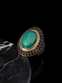 1pc Vintage Oval Green Gemstone Gold Tone Alloy Hollow Exaggerated Ring, Women's Retro Style Finger Jewelry - Gold Ring - View 8
