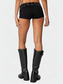 Womens Studded Fold Over Waist Shorts Y2k Low Waist Rivet Micro Shorts Slim Fit Boyshorts Goth Rave Costumes Mini Bottoms Casual Stylish Rivet Design Hot Pants Streetwear Party Clubwear - F619-黑色 - 查看 7