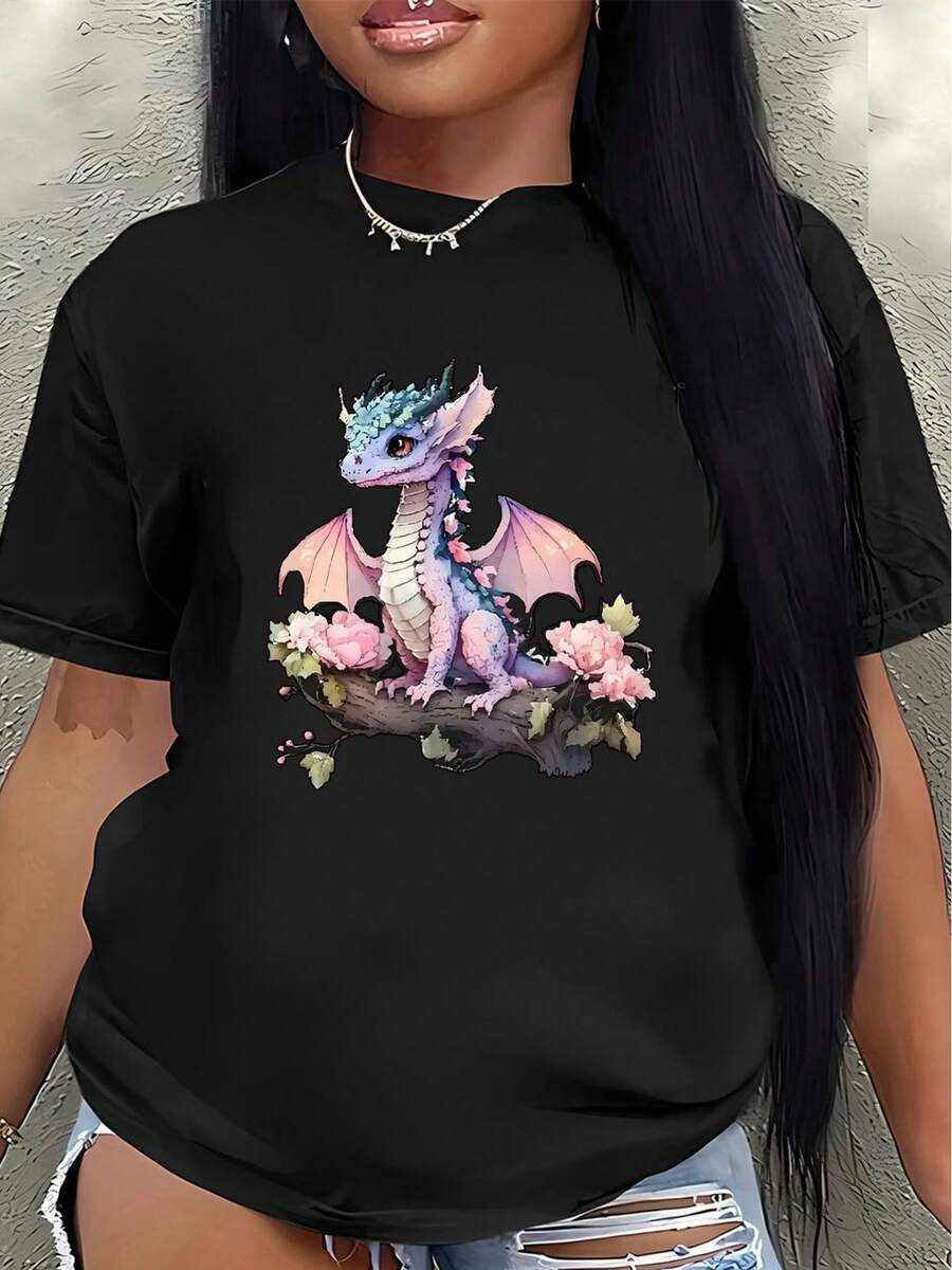 Lightweight And Durable Short-Sleeved T-Shirt With Cute Dragon And Flower Designs, Perfect For Casual Outings At Home Or A Coffee Shop. Made With Soft Fabric For Everyday Comfort. Women's Blouses > Clothing - 黑色 - 查看 1