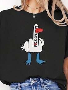 Camiseta de manga corta con cuello redondo y estampado para mujer Pájaro con dedo, texto y patas S-3XL moda, cómodo y transpirable uni lavable a máquina - Negro - Ver 2