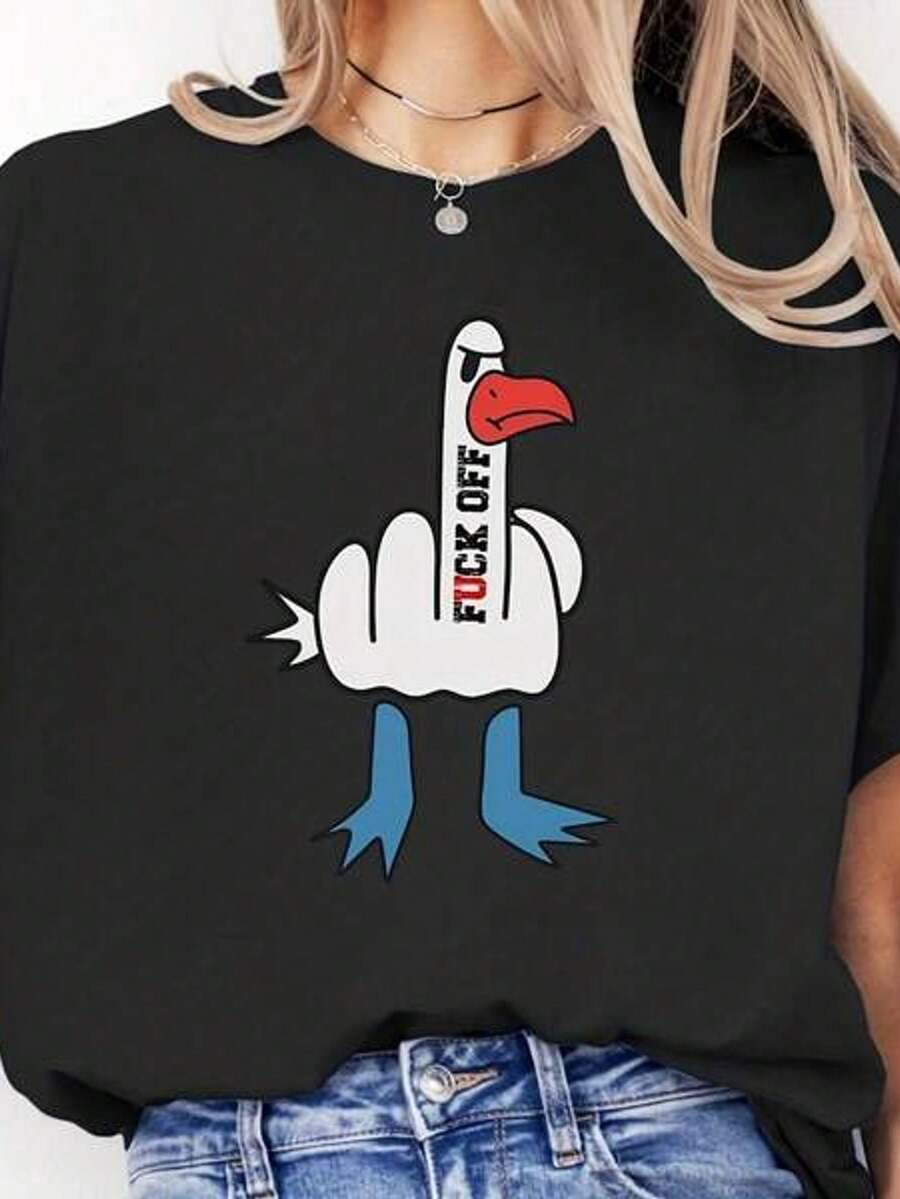 Camiseta de manga corta con cuello redondo y estampado para mujer Pájaro con dedo, texto y patas S-3XL moda, cómodo y transpirable uni lavable a máquina