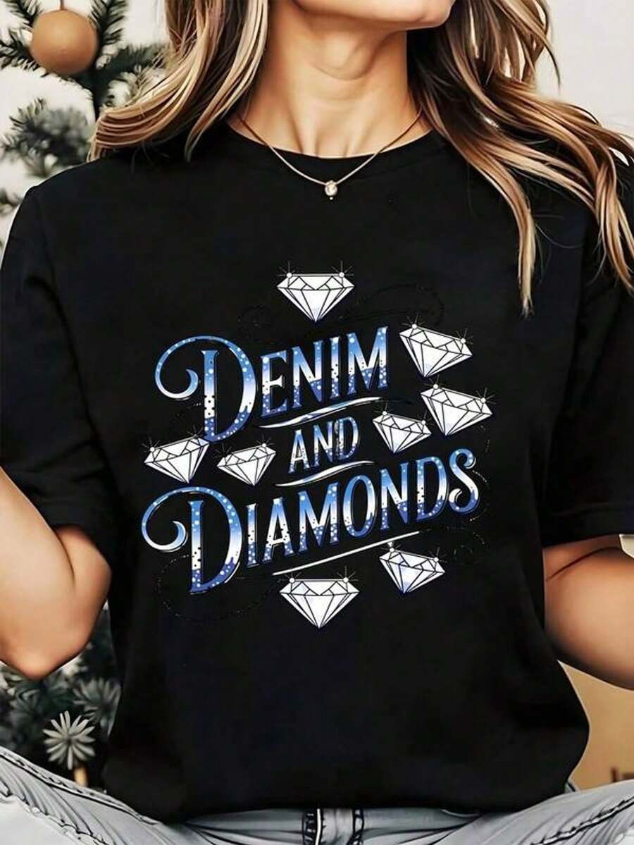 Women's Short Sleeve Crew Neck T-Shirt With Denim And Diamond Print With Diamond Icons S-3XL Fashionable, Comfortable And Breathable, Machine Washable - 黑色 - 查看 1