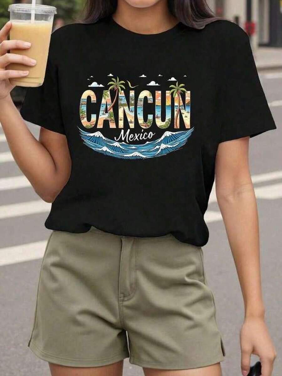 Women's Short-Sleeved T-Shirt With Round Neck And Print Cancun Mexico Palm Trees Ocean Waves Sky S-3XL Fashionable, Comfortable And Breathable, Machine Washable - 黑色 - 查看 1