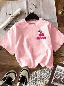 Camiseta de mujer  LUNE, camiseta de manga corta con estampado gráfico de estilo casual urbano, linda camiseta de verano para mujer, camisetas de verano para mujer, camisetas bonitas para mujer, tops para mujer, conjuntos de ropa de vacaciones para mujer, camiseta de mujer, conjuntos de verano para mujer, tops de verano para mujer, camisetas gráficas divertidas. - Rosa - Ver 2