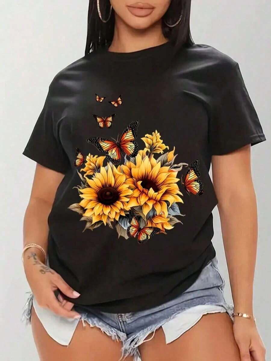 Women's Casual T-Shirt With Sunflower And Black Butterfly Print - Round Neck, Short Sleeve For Spring Summer, Machine Washable, Comfortable Vacation Wear 1 Sexy Casual Sweet Party Elegant High Elasticity Beach Night Out Holiday Wedding Summer Heart Graphic Pure-Cotton - 紅色 - 查看 1