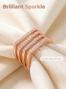 Geometric Multi-Layer Open Ring, Sparkling Zirconia Rose Gold Band, Adjustable Stackable Statement Jewelry For Daily & Occasions - Multicolor - View 7