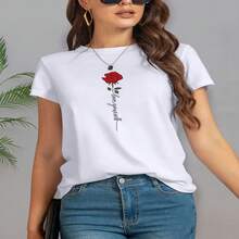Women's Casual White Cotton T-Shirt with Red Rose & 'Love Yourself' Floral Print, Round Neck Short Sleeve Top - Blanco - Ver 1