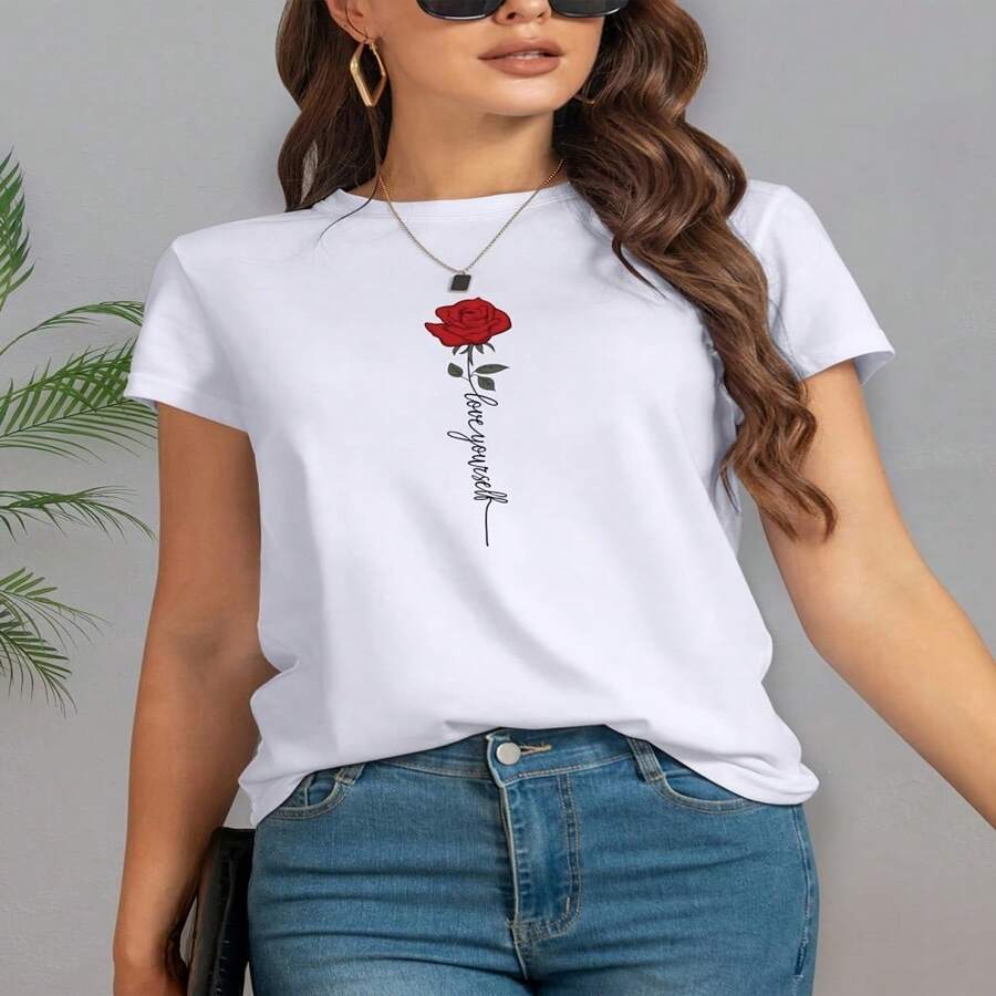 Women's Casual White Cotton T-Shirt with Red Rose & 'Love Yourself' Floral Print, Round Neck Short Sleeve Top - Blanco - Ver 1