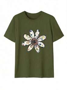 Camiseta de mujer estampada de manga corta para verano, tela de poliéster, estilo multifuncional, corte regular, peso 180 gramos, 1 unidad. - Verde militar - Ver 3