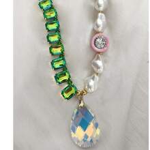 manbara Collar asimétrico de moda con cuentas de cristal de pato amarillo, escarabajo rojo, guijarros y perlas, accesorios retro de hip-hop, regalo para mujeres y niñas - Perla de diamante - Ver 10