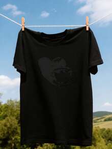 Camiseta estampada para mujer, de manga corta, cómoda, moderna, informal, adecuada para uso diario, con estampado de taza de café sobre fondo en forma de corazón - alta calidad - Negro - Ver 6
