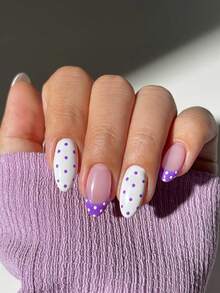 24pcs White Polka Dot Nail Stickers, Short Almond-Shaped Nail Art Set, Includes 1 Adhesive Sticker Sheet And 1 Mini Nail File, Suitable For Daily Wear - Mauve Purple - View 2