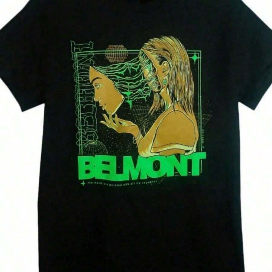 Women's Breathable Cotton T-Shirt With Belmont Band Concert Print, Sizes S To 5XL, Women's Cotton T-Shirts, Premium Women's - 黑色 6 - 查看 1