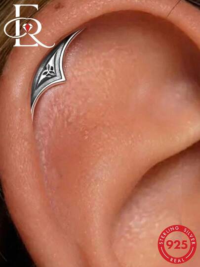 EleRunis 1pc 925 Sterling Silver Geometric Gothic Invisible Flat Back Cartilage Earring, Punk Tattoo Medieval Elegant Jewelry For Daily Wear, Wedding, Party, Engagement, Anniversary, Valentine's Day