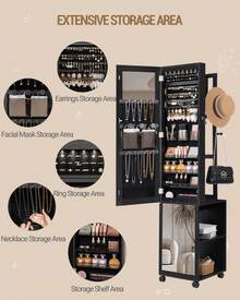 HaluPeit Hzuaneri 8 LEDs Jewelry Cabinet Armoire, 66.9-Inch Jewelry Organizer With Garment Rack, Lockable Full-Length Mirror With 4 Wheels, Storage Shelves With Hooks, 5-In-1, Black - Black - View 4