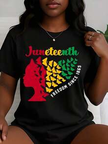 Camiseta de talla grande para mujer de Juneteenth con diseño de mariposa colorida y silueta, manga corta, estampado bonito, estilo casual y versátil para el día a día, camiseta festiva para mujer, perfecta para celebraciones, regalos esenciales para eventos de Juneteenth. - Negro - Ver 5