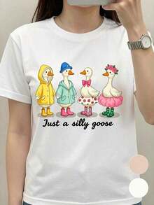 Women's Short-Sleeved, Round-Neck T-Shirt In Cotton, Available In White, Apricot, And Multicolor, Featuring A Fun And Modern Silly Goose Print. Perfect For Festivals And Parties, This Casual Yet Stylish Summer T-Shirt Is A Great Choice. YVSE Women's T-Shirts - 白色 - 查看 6
