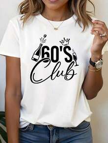 Modern Minimalist Summer Clothing Sets For Women, On , Women's 60th Birthday Club Theme T-Shirt - Champagne Decoration, Crown And Slogans, Casual Sleeve, Elegant Black And White For 60th Birthday Celebration, Protective Phone Case, Casual Wear For Vacation And Everyday Use - 白色 - 查看 1