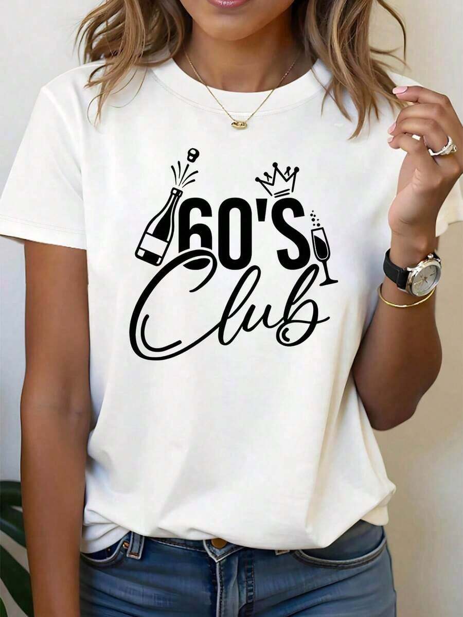 Modern Minimalist Summer Clothing Sets For Women, On , Women's 60th Birthday Club Theme T-Shirt - Champagne Decoration, Crown And Slogans, Casual Sleeve, Elegant Black And White For 60th Birthday Celebration, Protective Phone Case, Casual Wear For Vacation And Everyday Use - 白色 - 查看 1