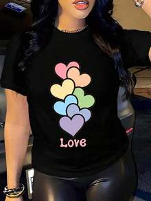 Women's Casual Short-Sleeve Sports T-Shirt - Breathable Fabric With Colorful Heart Print And Love Text, Round Neck, Regular Fit For Spring/Summer Casual Wear, Ladies' T-Shirts, Comfortable Cotton T-Shirt, Ideal Gift - 黑色 - 查看 6