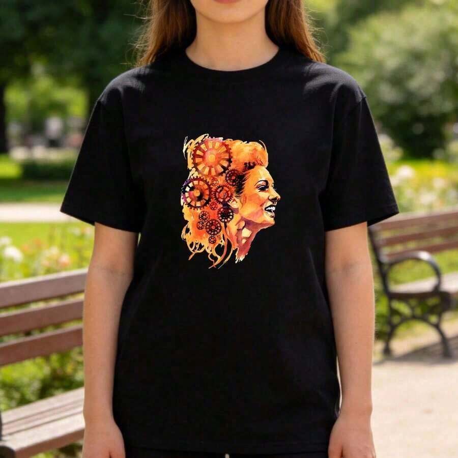 Women's Anime Character Print T-Shirt, Fashionable Casual Top With Anime Design For Anime And Manga Fans, Suitable As A Gift. Women's T-Shirt. Blouses>Elegant. Boho Chic, Soft, Breathable And Comfortable Women's Top, Ideal For Spring, Summer And Autumn, Perfect For Vacations, Travel And Everyday Wear. - 黑色 3 - 查看 1