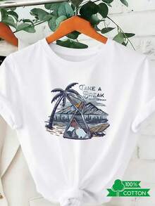 New 2026 Collection: Cotton T-Shirt With Letter And Anime Print, Women's Round Neck T-Shirt With Simple Design, Comfortable And Breathable, Suitable For Casual Daily Wear, Showing A Natural And Elegant Style, A Must-Have For Summer Parties, Local Shipping, Lightweight Cotton With Palm Tree And Clock Print. - 白色 - 查看 12
