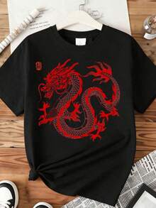 Camiseta con Estampado de Dragón Rojo para Mujer, Top Casual de Manga Corta, Diseño de Criatura Mitológica China, Ropa de Moda, 220g, blusas para mujer, ropa casual para mujer - Negro - Ver 4