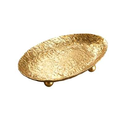 Bandeja decorativa de hierro, de 10 pulgadas de largo, plato para joyas, organizador de cosméticos, bandeja de servir para el baño, bandeja de almacenamiento pequeña, ovalada, color dorado