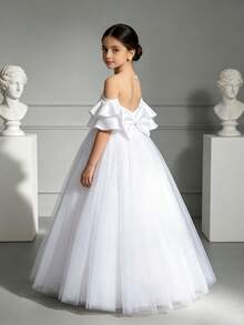 XUMPLO Kleine Mädchen Elegantes Kleid mit Schulter-Rüschen-Ärmel, großer Schleife und Mesh-Einsätzen, geeignet für Blumenmädchen, Partys, Geburtstage, Bankette, Bälle, Hochzeiten, Frühling/Sommer - Weiss - Übersicht 5