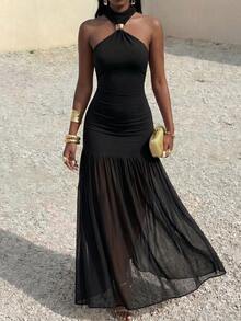 Women's Brown Halter Maxi Dress | Metal Buckle Ruched Waist Ruffle Hem Party Dress - Black - View 5