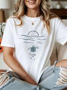 1 Piece Casual Fashion Set For Men And Women. Women's Short-Sleeved Knit T-Shirt, Round Neck, Regular Length, With Butterfly Print. Versatile, Easy To Match, Suitable For Everyday Wear, Streetwear, Vacation Wear, Weekend Wear. - 白色-2 - 查看 2