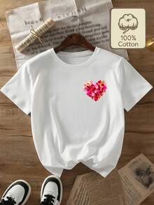 Talla Grande - Talla Grande - Top de Manga Corta con Cuello Redondo Casual Estampado con Arte Abstracto en Forma de Corazón para Mujer de Talla Grande, Ideal para el Día de San Valentín - Blanco - Ver 2