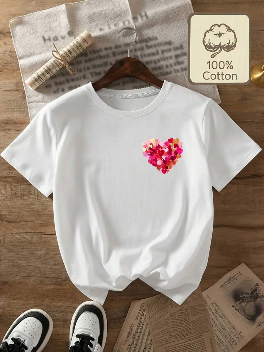 Talla Grande - Talla Grande - Top de Manga Corta con Cuello Redondo Casual Estampado con Arte Abstracto en Forma de Corazón para Mujer de Talla Grande, Ideal para el Día de San Valentín