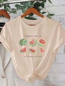 Tallas grandes, manga corta, conjuntos de verano para mujer. Camiseta de manga corta de corte regular para mujer - Patrón geométrico 2D de sandía, divertida y llena de energía veraniega, estilo urbano. |   Perfecto para el ocio en vacaciones |   Adecuado para ocasiones festivas, conjuntos de verano para mujer, tops de verano, 100% algodón. - Albaricoque - Ver 6