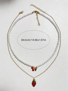 2pcs Vintage Fashionable Sexy Elegant Delicate Strawberry & Cherry Pendant Necklace Set, Suitable For Women's Daily Casual, Party, Music Festival Wear, Holiday Gift - Multicolor - View 6