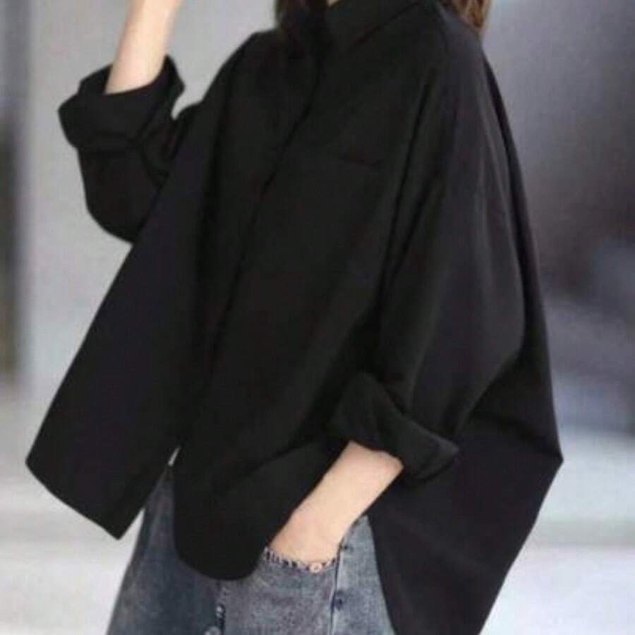 Camisa de manga larga de unicolor y estilo minimalista para mujer, camisa suelta y holgada de manga larga y solapa para mujer, camisa casual de unicolor con bajo de murciélago, prenda exterior versátil y minimalista para uso diario con protección solar, color rojo primaveral - Negro - Ver 1