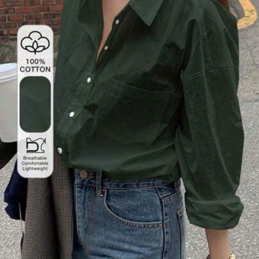 Camisa de manga larga holgada, versátil y transpirable con botones delanteros y hombros caídos de unicolor para mujer - Verde Oscuro - Ver 1
